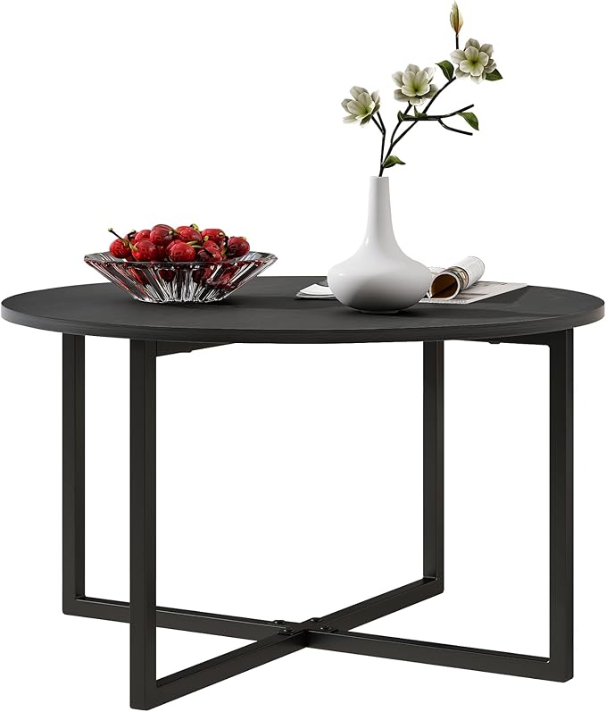 HOMERECOMMEND Round Coffee Table Nesting Tables for Living Room Tea Desk with Black Metal Legs Tea Table Balcony End Sofa Table Study,Black