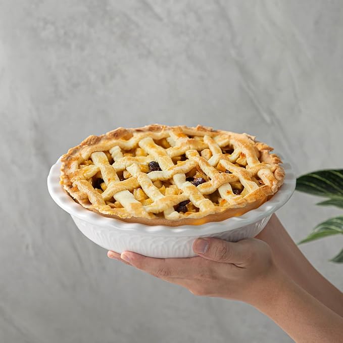 Fun Elements Ceramic Pie Pan, 9 Inch Pie Dish for Baking, Ruffled Pie Plate, Non-Stick Deep Dish Pie Pan for Apple Pie and Pot Pie, Thanksgiving Christmas Gifts, Set of 2, White