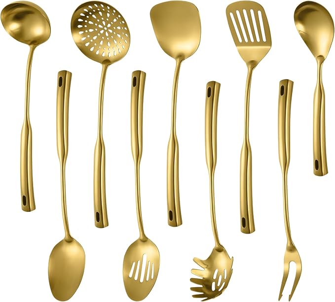 Izurok Kitchen Utensil Set, 9-Piece Cooking Utensil Set,Include 304 Stainless Steel Spatula Skimmer, Soup Ladle, Spaghetti Server,Slotted & Solid Spoon, Slotted Spatula Turner, Meat Fork(Silver)