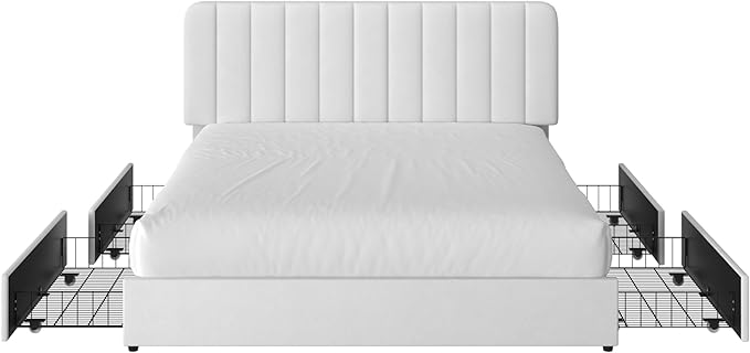 VECELO King Size Upholstered Bed Frame with 4 Drawers and Headboard, Velvet Platform Storage Bedframe, Wooden Slats Support, No Box Spring Needed,Snow-White