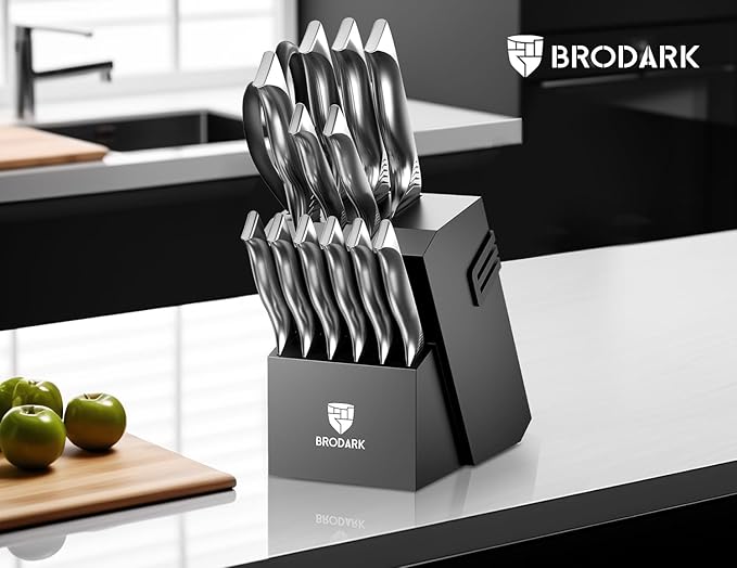 BRODARK 15PCS Kitchen Knife Set with Block and Built-in Sharpener, Shark