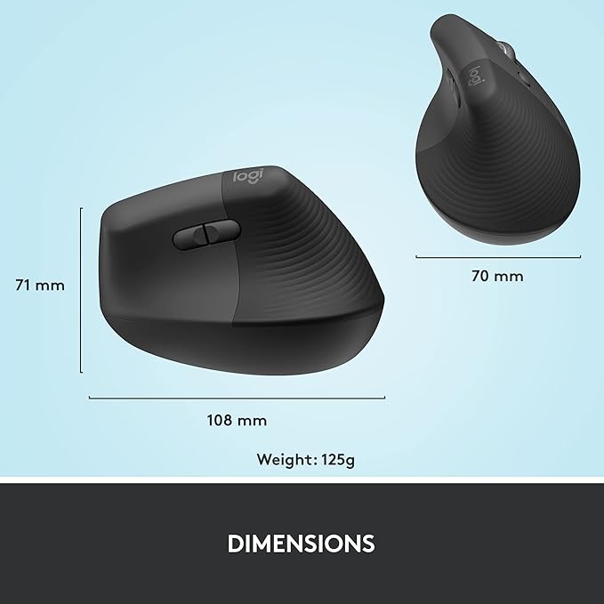 Logitech Lift Vertical Ergonomic Mouse, Wireless, Bluetooth or Logi Bolt USB Receiver, Quiet clicks, 4 Buttons, Compatible with Windows/macOS/iPadOS, Laptop, PC - Graphite (Renewed)