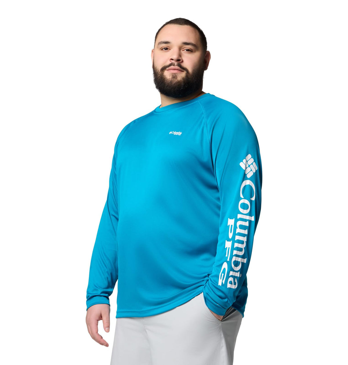 Columbia Men's PFG Terminal Tackle Long Sleeve Fishing Shirt, Blue Echo/White Logo, 4X Tall