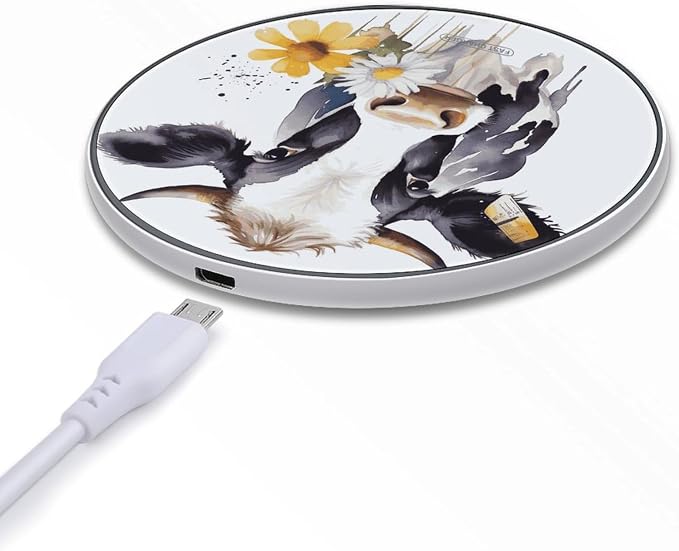 Watercolor Cow and Daisy Flower Wireless Charger 10W Fast Charging Pad Anti-Slip Qi Certified Wireless Charging Pad Charging Station Portable Phone Charger for All Wireless Charging Smartphone