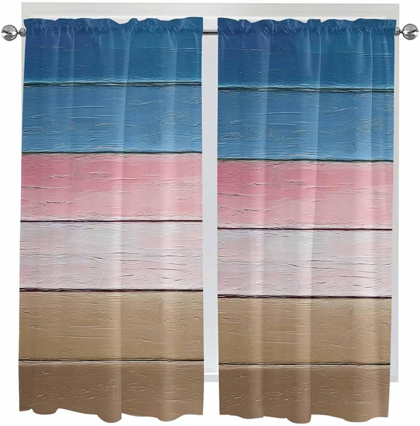 Blue Pink Brown Gradient Wood Grain Window Valance Curtains, Vintage Wood Board