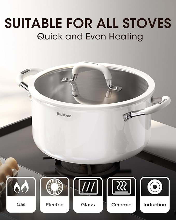 Stackbear Stockpot 6 Quart, Tri-Ply 18/10 Stainless Steel Stock Pot with Lid, Induction Ready Cooking Pot for All Cooktops, Dishwasher Safe Soup Pot for Kitchen, Home, Gift for Cooker Mom and Dad