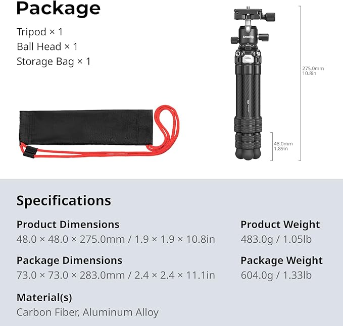 SmallRig Carbon Fiber Mini Desktop Tripod, 15.5'' / 39.5cm Compact Pocket Tabletop Tripod Kit with 360° Ball Head, Built-in QR Plate for Arca, Ball Head Capacity 3kg / 6.6lb for Cameras, DSLRs, Lenses