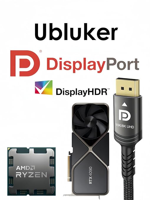 Ubluker 10K 8K DisplayPort 2.1 Cable 54Gbps 50 FT, Certified DP to DP Cord 4K 240Hz 165Hz 144Hz 120Hz 10K 8K 120Hz Nylon Braided UHBR HDCP2.3 FreeSync G-Sync RTX5090 Gaming Monitor PC Projector