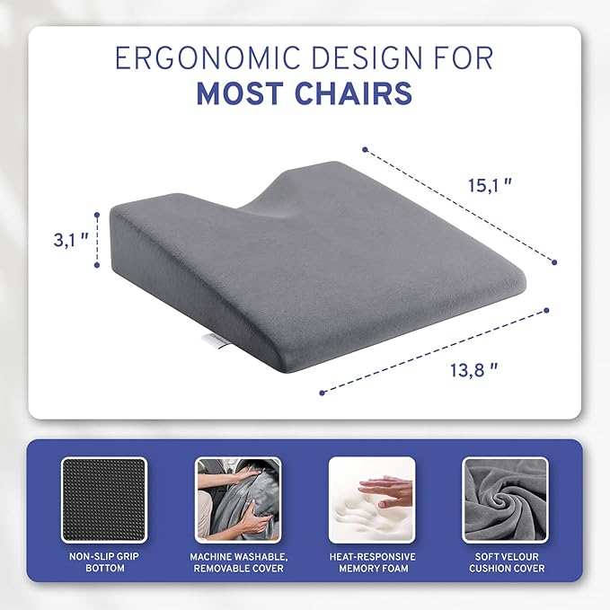 Wedge Car Height Booster Seat Cushion - Office Chair Cushion - Memory Foam Tailbone Pain Relief Cushion for Driving, Office, Gaming Chair - Orthopedic Lower Back, Tailbone, Coccyx, HIPS Support