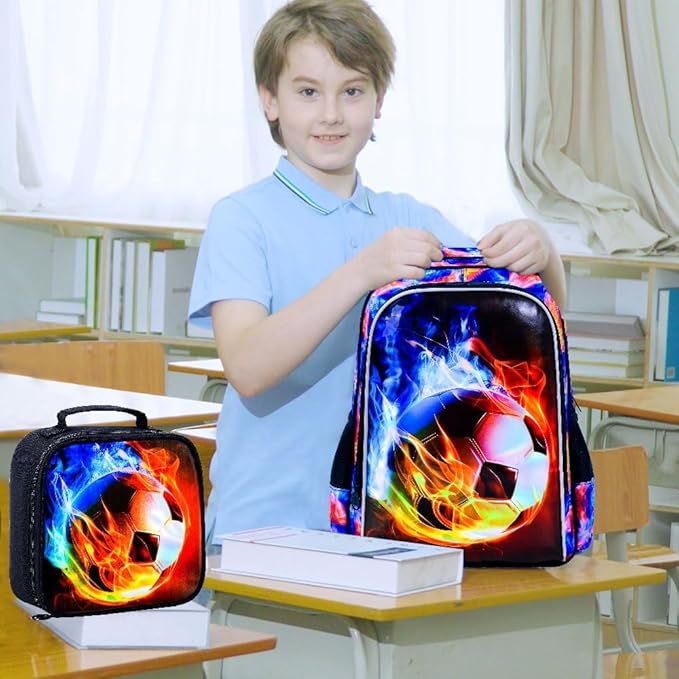 KLFVB 3PCS Kids Backpack, 17" Boys Football Bookbag and Lunch Box, Water Resistant Teenagers School Backpacks for Middle Elementary - Flame Soccer