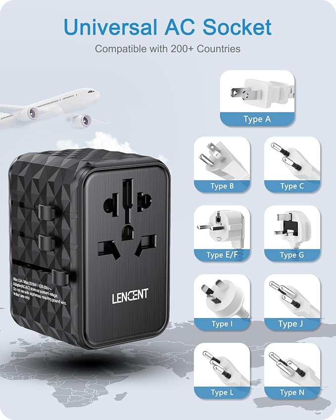 LENCENT 65W Universal Travel Adapter, GaN International Fast Charger 2 USB-A & 2 USB-C Power Plug Converter, Power Outlet Adapter for Phones,Laptops, All in One Travel Essentials for EU/USA/UK/AU