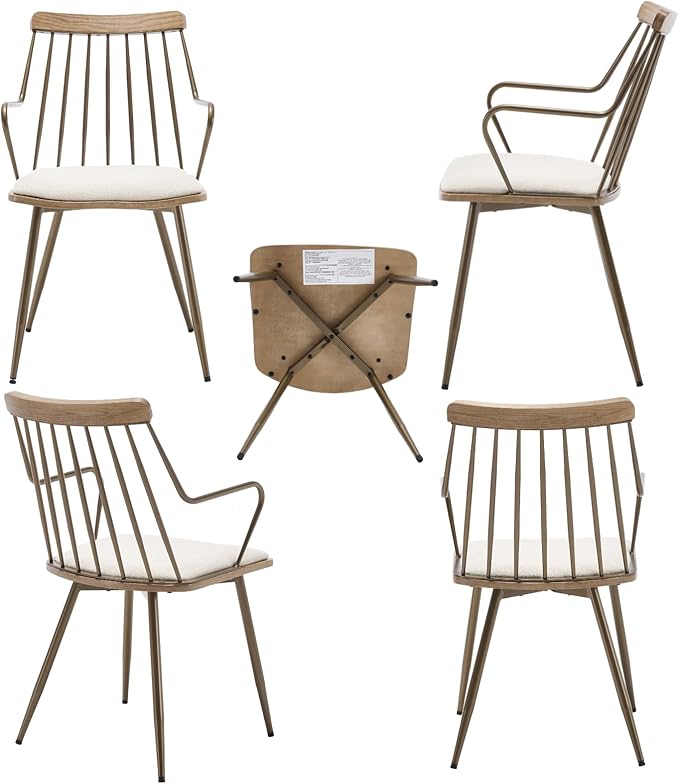 Modern Dining Chairs Set of 4, Upholstered Dining Chairs with Metal Leg, Wood Kitchen Chairs with Fence-Like Back and Curved Arm for Dining Room Kitchen Restaurant Reception (Beige)