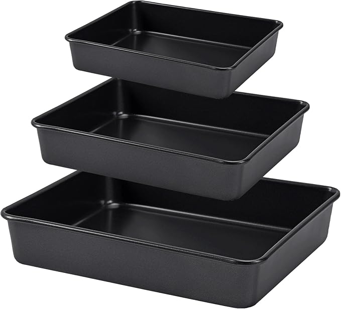 CAMOFOXIN Nonstick Roasting Pan, Deep Baking Pan Set, Large Cake Pan Sets for Oven, 3-Piece Brownie Pan (Gold)
