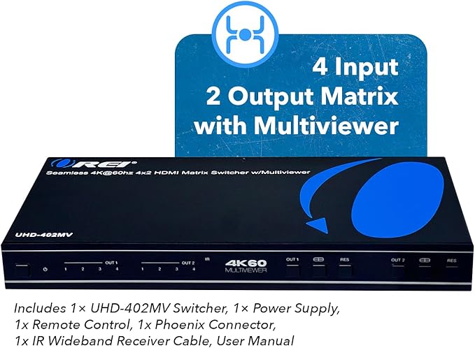 OREI 4K Multi HDMI Viewer Quad 4 in 2 Out, Matrix Switcher 4 Ports Seamless IR Remote Support 4K @ 60Hz 1080P for PS4/PC/DVD/Security Camera, HDMI Switch Optical Audio L/R Output - UHD-402MV