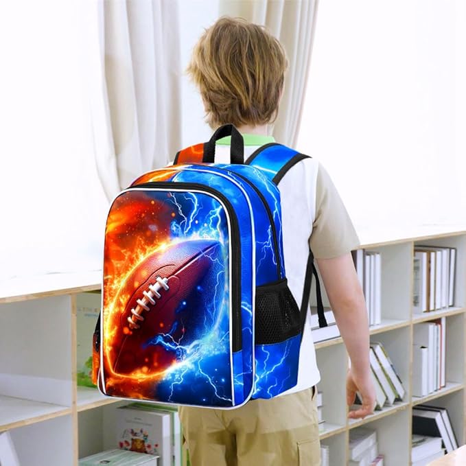 gxtvo 3PCS Boys Rugby Bookbag, 17" Kids Backpack with Lunch Box, Water Resistant Middle Elementary School Bag - Fire & Lightning Rugby