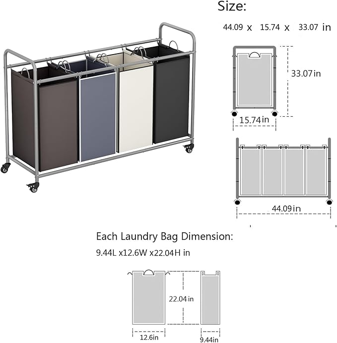 Laundry Sorter 4 Section Hamper Sorter with Heavy Duty Lockable Rolling Wheels Removable Bags Basket Separator for Dirty Clothes Storage, Assorted
