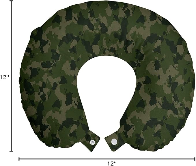 Ambesonne Camouflage Travel Pillow Neck Rest, Simplistic Design Woodland Camo Pattern in Green Tones, Memory Foam Traveling Accessory for Airplane and Car, 12", Evergreen Dark Sepia
