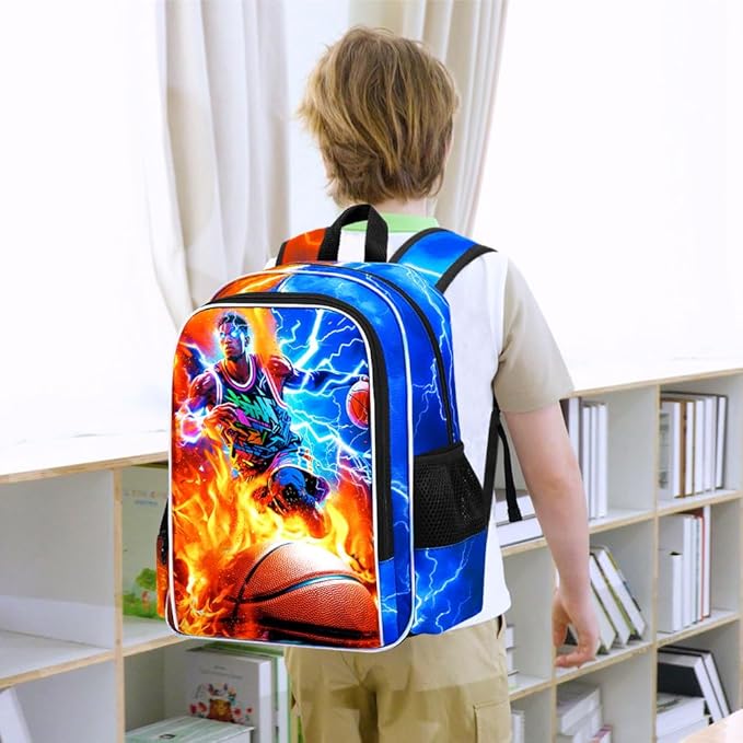 gxtvo 3PCS Kids Basketball Backpack for Boys, 17" School Bag with Lunch Box, Water Resistant Lightning Bookbag Middle Elementary - Fire & Lightning Basketball Player