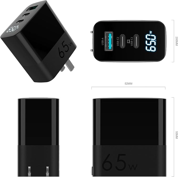 BoxWave Charger Compatible with LG Gram 15 (15Z95N) - PowerDisplay PD Wall Charger (65W) GaN 65W Powerful Folding Plug LCD Display - Jet Black