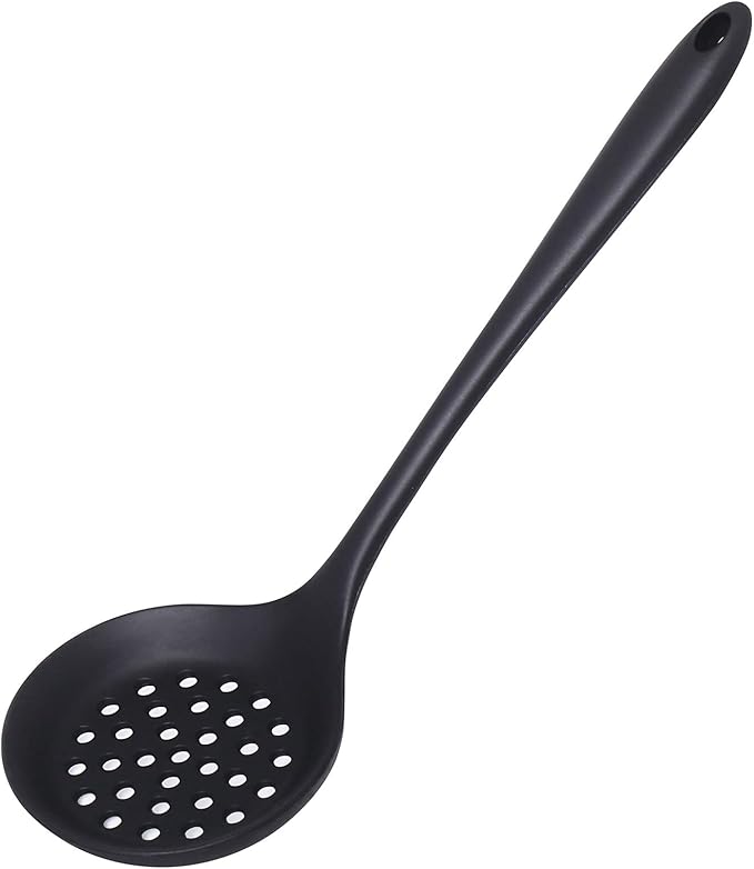 77L Slotted Spoon, Heatproof Skimmer Strainer Slotted Spoon, Seamless One-Piece Non-Stick Cooking Silicone Scoop Ladle with Ergonomic Handle for Filter Vegetable, Pasta and More (Black)