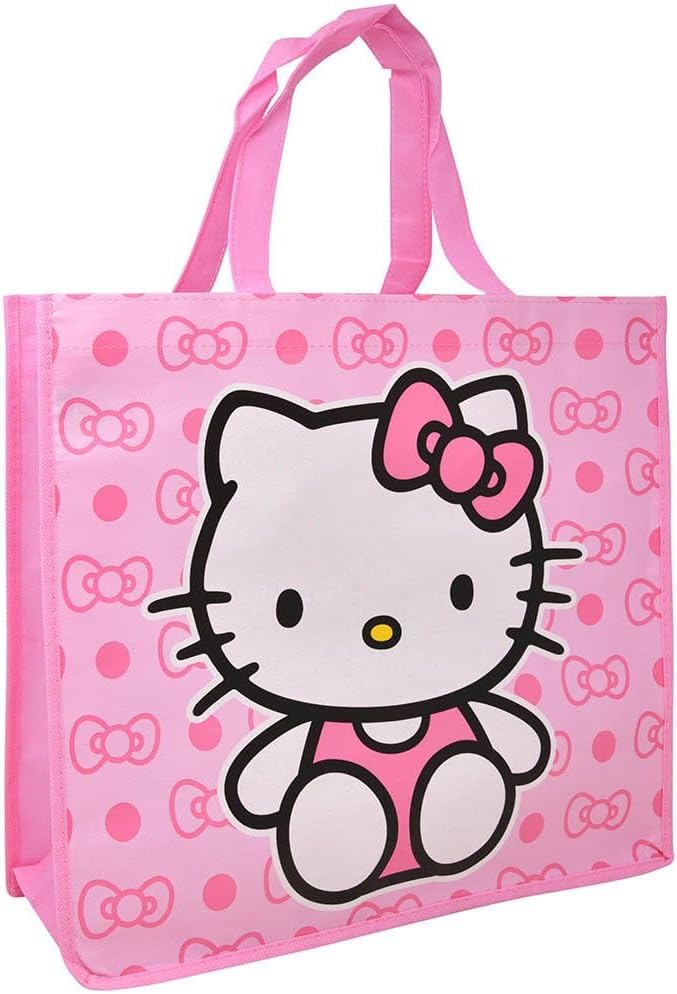 Fast Forward Hello Kitty Large Shopping Tote Bag, Pink with Bow Pattern, Reusable