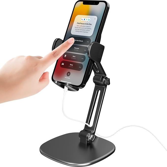 APPS2Car Phone Stand for Desk Adjustable Cell Phone Holder for Office | Triple-Clamp Phone Holder Height-Adjustable Folding Arm 360° Rotation Anti-Slip Base Fits Cases up to 20mm