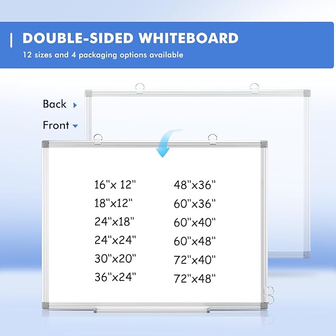 WALGLASS 2 Pack Large Whiteboard, 48" x 36" Double-Sided Large Dry Erase White Board for Wall, Hanging Whiteboard with Silver Aluminium Frame for Home, School, Office, Kitchen