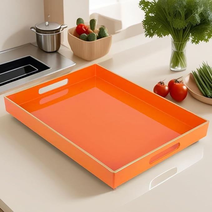 Large Decorative Tray, Orange Serving Tray with Handles, Plastic Coffee Table Tray for Living Room, Ottoman, Bathroom, Kitchen, Decor, 15.7”*11.8”