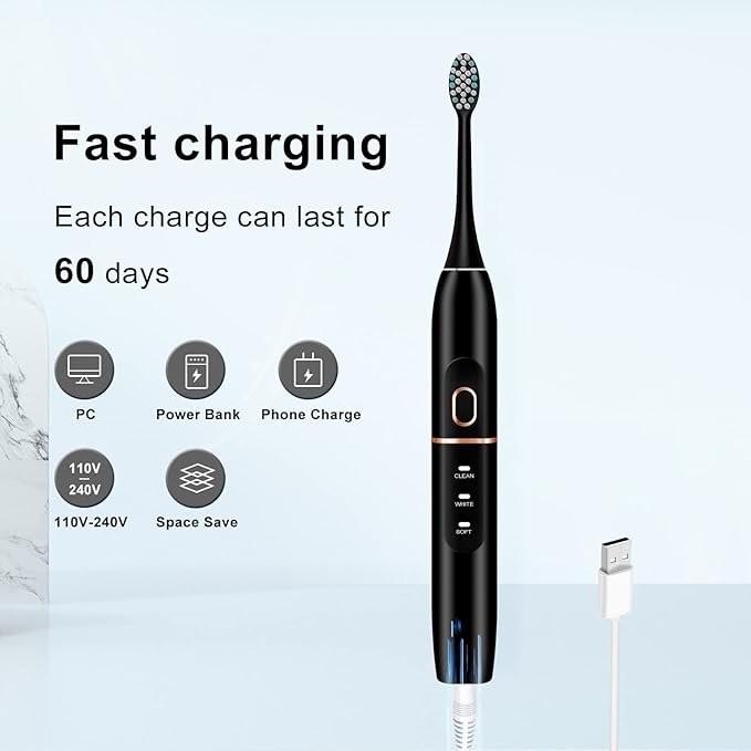 kingheroes Electric Toothbrush Set, Comes with 8 Brush Heads & Travel Case,4 Modes with 2 Minutes Built in Smart Timer, One Charge for 60 Days, 42000 VPM Motor (Black)