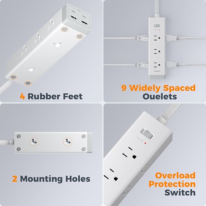 TESSAN Surge Protector Power Strip PD 20W, Ultra Thin Flat Plug 6 FT Extension Cord, 9 Outlets 4 USB(2 USB C), 1050J Protection Multiple Outlets Charging Station for Home, Office, College Dorm Room