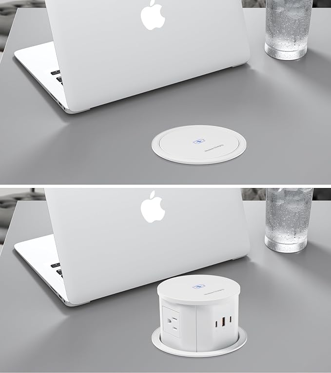 Pop up Outlet for Countertop with 15W Wireless Charger,65W USB C Charging Station,4 Outlets,2 USB C,USB A,Tamper Resistant Receptacle,4.7-inch Hole Power Grommet,Desk Recessed Outlet,White