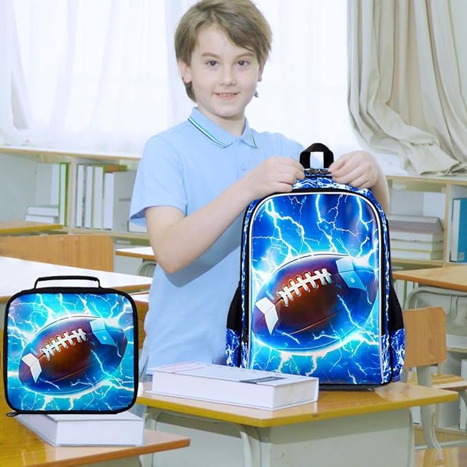 KLFVB 3PCS Kids Bookbag, 17" Boys Backpack and Lunch Box, Water Resistant Teenagers School Bag for Middle Elementary - Lightning Rugby