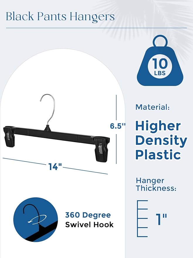 Smartor Space Saving Heavy Duty Hangers - 90 Pack, Slim Plastic Pants and Shorts Hangers, Ridged Non-Slip with Pinch Clips, 360-Rotating Chrome Swivel Hook, Black, 14 Inches