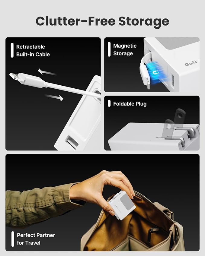 2 Lightning 2 Type-C Retractable Wall Chargers with 2 USB A Ports and 1 Power Strip 12-in-1 Modular Charging Station