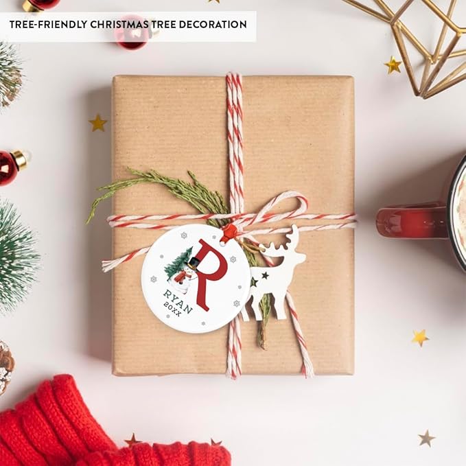 Andaz Press Personalized Christmas Ornaments, Custom Name, Initial R Monogram Snowman 2.8" Ceramic Porcelain 2025 Christmas Ornament Keepsake for Kids, Boys, Girls, 1-Pack Initial Ornaments