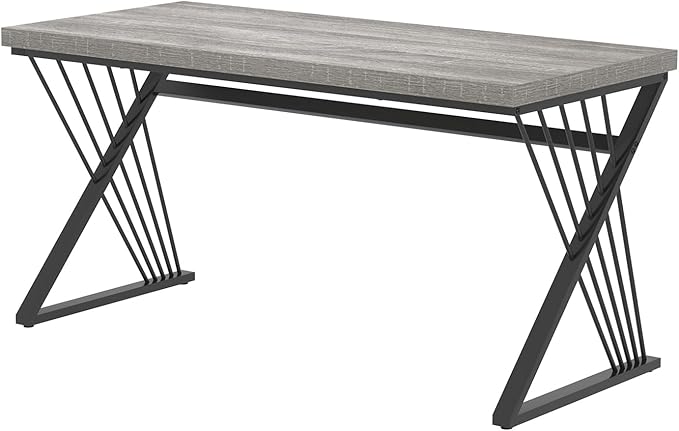 FOLUBAN Modern Desk, Rustic Wood and Metal Computer Desks for Home Office, Simple Study Writing Work Table for Bedroom Living Room, Light Grey, 60 Inch
