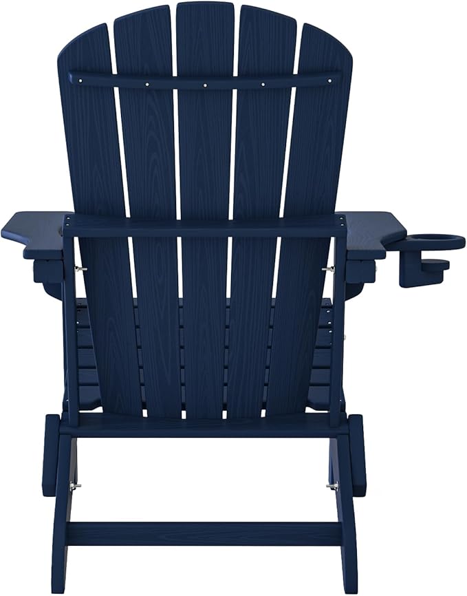 Plawdlik Folding Adirondack Chair, SGS Tested, Wooden Textured with Cup Holder, Heavy All-Weather HDPE Comfortable Set Poolside Backyard Lawn Navy Blue Set 2
