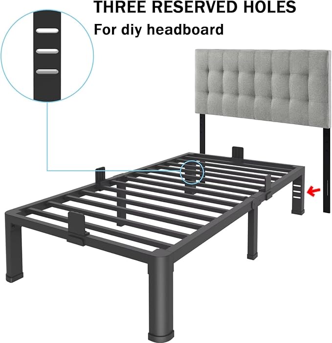 FUIOBYVV 14 Inch Twin Bed Frame with Rounded Corner and Headboard Hole Mattress Retainers 3500 LBS Metal Heavy Duty Steel Slats Support No Box Spring Needed Platform Noise Free Easy Assembly