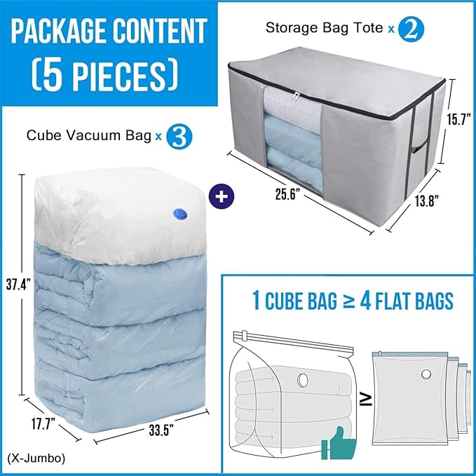 Cube Vacuum Storage Bags, Space Saver Bags, Premium Totes with Cubic Vacuum Compression Seal Bags for Clothing & Bedding. Jumbo Organizer for Storing Clothes, Comforters, Blankets, Pillows & More!
