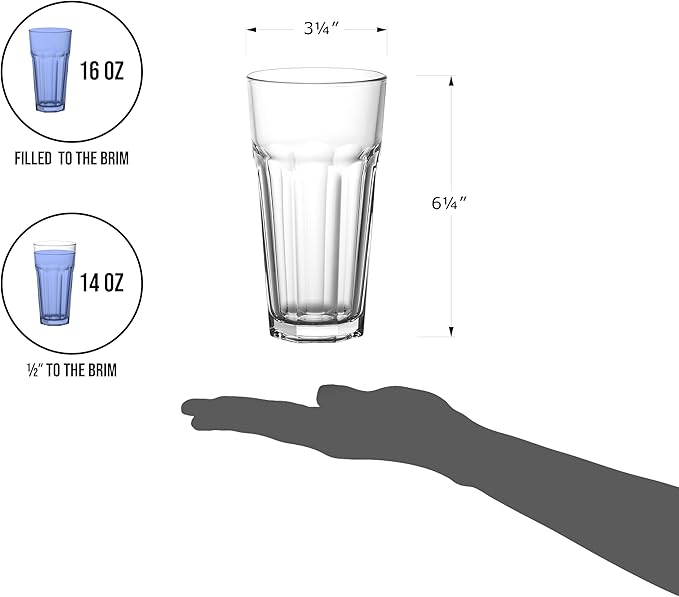 Red Co. Set of 6 Clear Glass 16 Fl Oz Drinking Highball Tumblers for Water, Juice, Beer, Cocktails