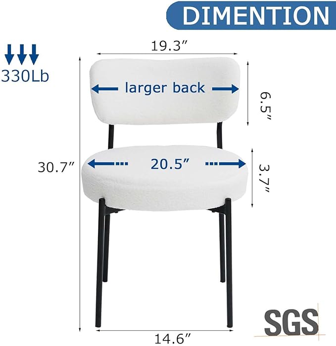 White Boucle Dining Chairs Set of 6, Upholstered Dinner Chair with Metal Frame, Dining Room Chairs with Padded Seat, Round Modern Seating for Living Room