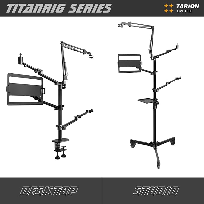 TARION Overhead Camera Desk Mount: 4-in-1 Heavy Duty Mount Set with 1 Mic Boom Stand + 3 Articulating Arms for DSLR Cameras Ring Light Monitor Laptop - Live Stream Stand TitanRig Desk
