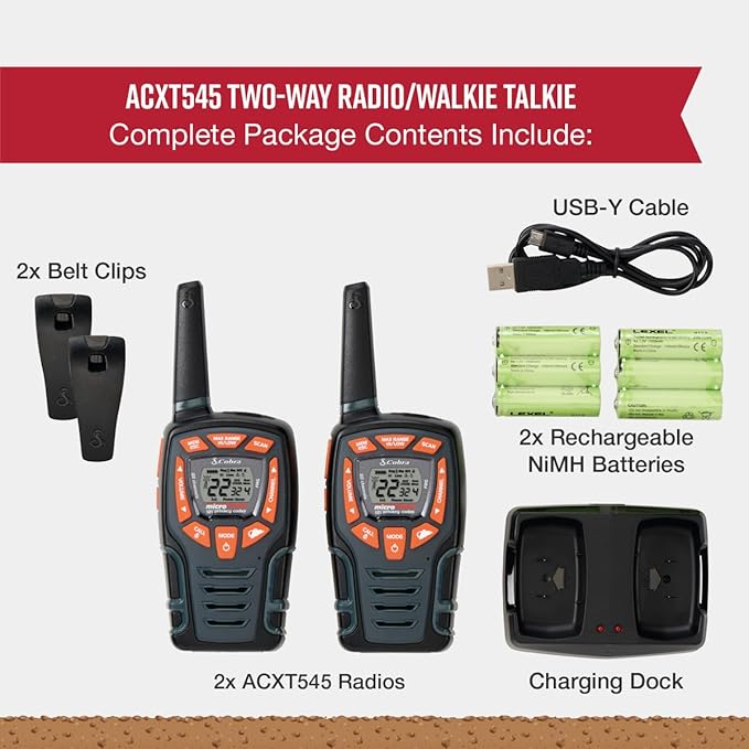 Cobra ACXT545 Weather-Resistant Walkie Talkies - Rechargeable, 22 Channels, Long Range 28-Mile Two-Way Radio Set (2-Pack)