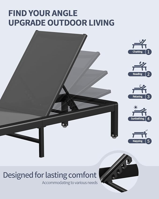 Aluminum Lounge Chairs Outdoor Chaise Furniture,2 Sets Patio Metal Deck Lounger Adjustable 5-Position Poolside Chase Recliner with Wheels for Beach,Coffee Table, (Gray, 1 Chair)