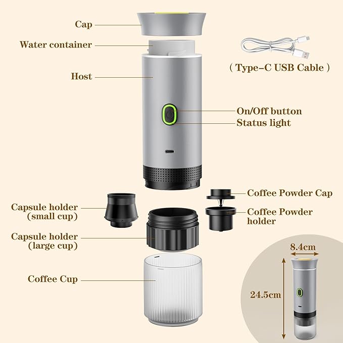 Lmozim Portable Espresso Maker, Travel Coffee Maker for camping, Portable Espresso Machine with USB-C, 3-in-1 Small Espresso Machine with Ground Coffee & Capsules (NS&DG) for RV, Hiking