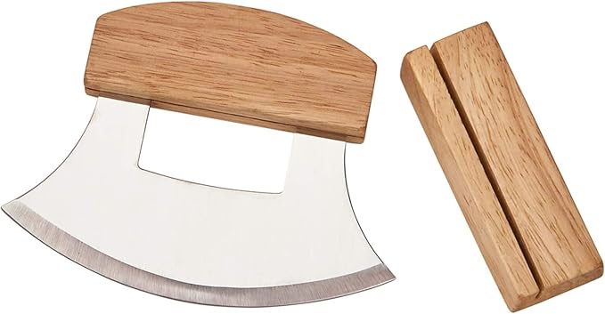 Alaskan Ulu Knife Mezzaluna Chopper- Effortlessly Chop Veggies with One Hand! Includes Wooden Stand. Perfect Pizza Cutter and Salad Chopper. Ideal for Meat, Herbs and Salads