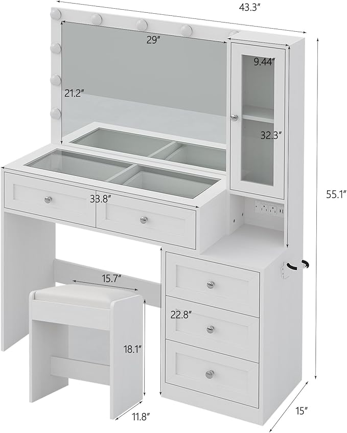 43" W Vanity Desk with Mirror & 11 Lights, 5 Drawer Modern Makeup Desk with Glass top & Cushioned Stool, 3 Lighting Modes Brightness Adjustable,Power Outlet,Bedroom,White