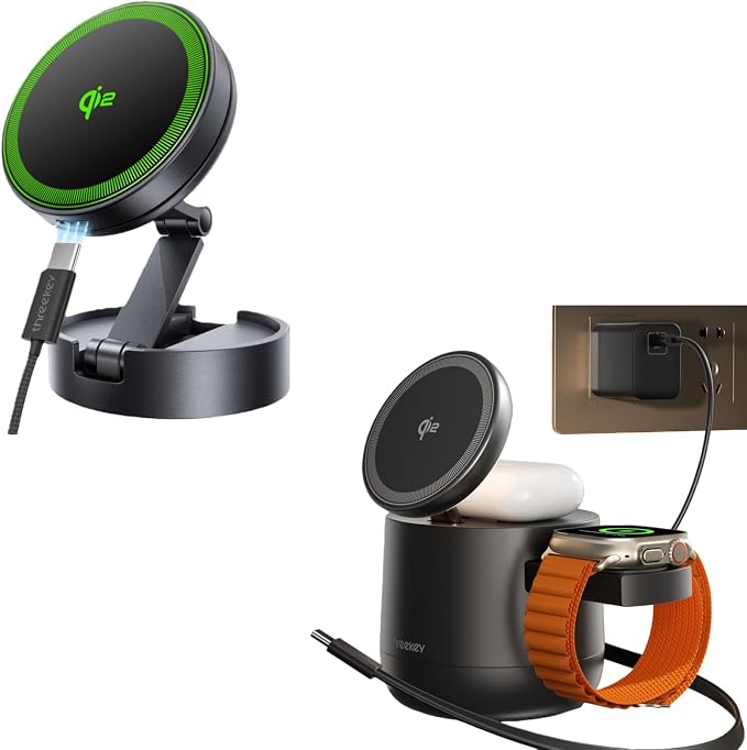 THREEKEY 【Qi2&MFI Certified】 3 in 1 Magnetic Wireless Charging Station & Magnetic Car Mount Charger