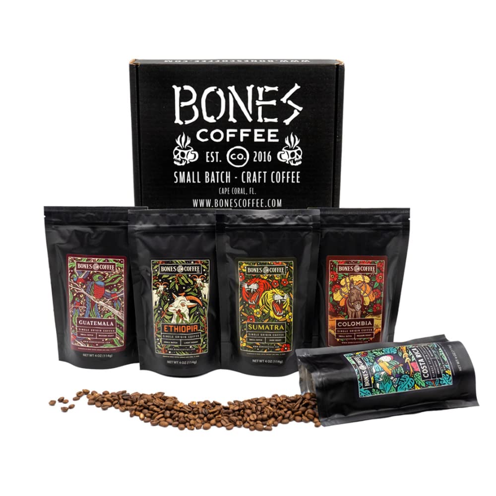 Bones Coffee Company NEW Favorite Flavors Sample Pack, Assorted Flavored Coffee Low Acid Medium Roast Arabica Beans Specialty Coffee Gifts, Auto Drip and French Press Compatible, 4 oz Pack of 5 Ground