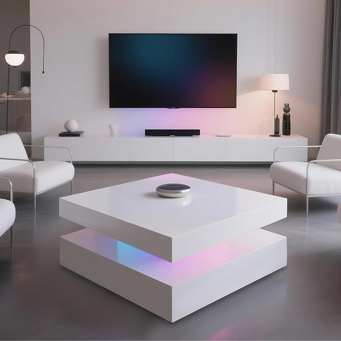 LED Coffee Table for Living Room, 2-Tier Modern Square Center Table with Music Sync Lights, High Gloss Surface, 30 3/4" x 30 3/4" (White)